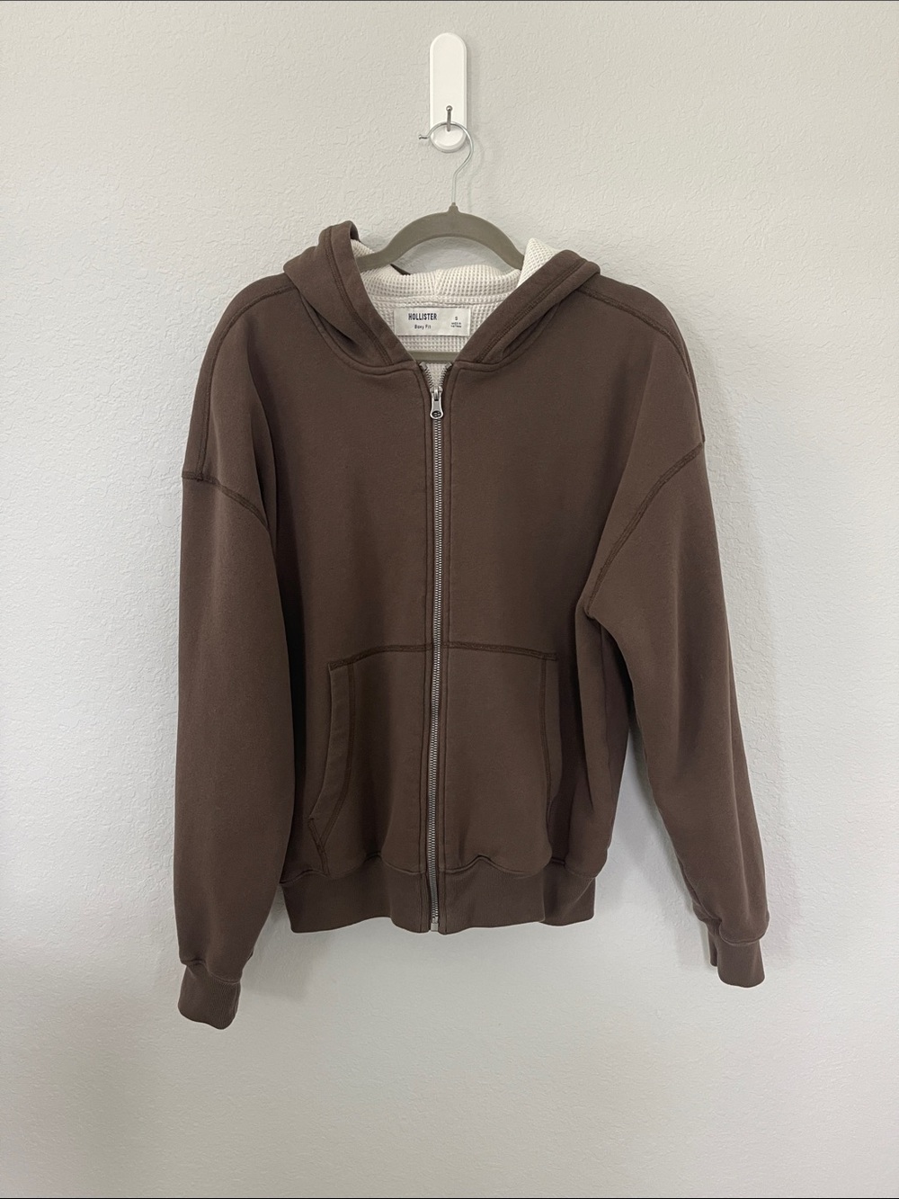 Hollister Boxy Fit Full Zip Hoodie Brown Waffle Lined Women’s Small